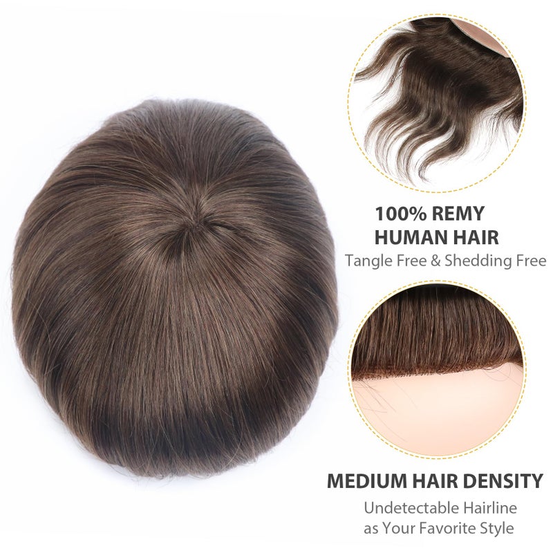 lumeng Mens Piece Replacement Unit Real Mono Lace Brown Color 4# Toupee Human Hair 7x9 Inch 6 Inch Length System Human Hair Toupee for Men Durable Base For Thinning European Hair Units Patch - Image 3